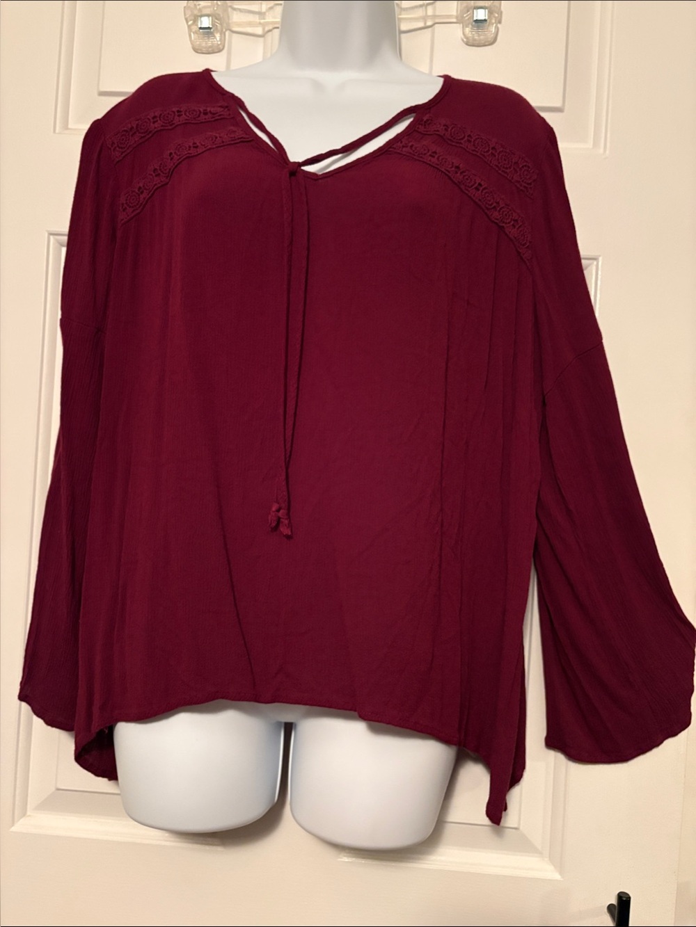 Xhilaration Burgundy Tie-Neck Peasant Blouse